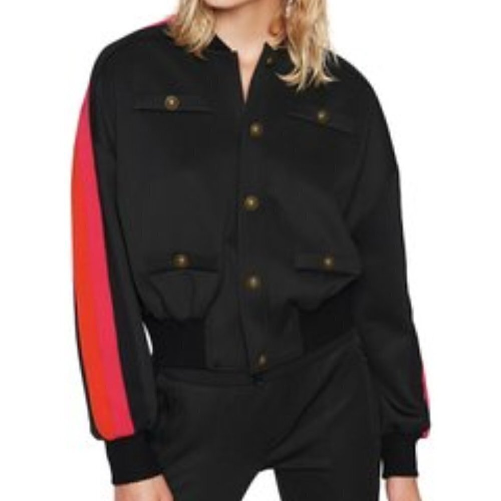 Pam & Gela black track jacket with bronze buttons and pink & orange stripes